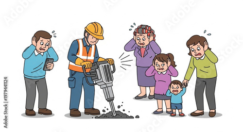 Construction worker using jackhammer disturbing people nearby.