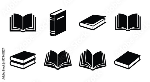 Minimalist book icon set with 8 black vector elements, flat library and education symbols, open and closed books for web design and publishing