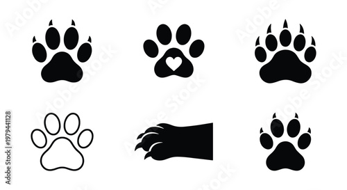 Animal paw print vector icons set, black dog and cat footprints with claws, wild bear and wolf track silhouettes for pet shop branding