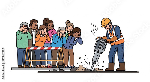 Construction worker using jackhammer disturbing people nearby.