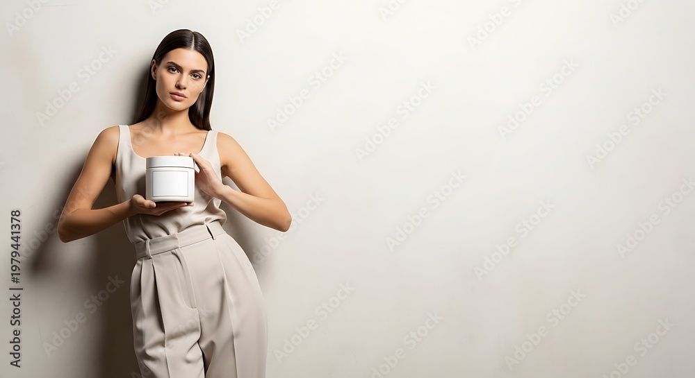 Obraz premium Cosmetic Container Mock up Held by a Stylish Woman in Neutral Tones