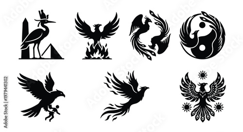 Phoenix bird silhouette icons, mythical firebird vector set, ancient egyptian heron and eagle symbols, 7 black mythological creature illustrations