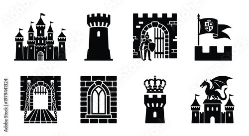 Medieval castle icons set, 8 black silhouette vector elements, middle ages fortress and knight symbols, fantasy kingdom architecture for gaming