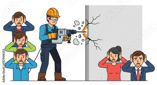Construction worker using jackhammer to break concrete wall disturbing people.