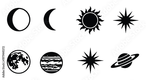 Celestial celestial body icons set, 8 black vector space elements, sun moon and planet silhouettes, astronomical symbols for astrology and science