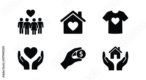 Charity and donation icon set, 6 black vector symbols for non-profit organizations, community support and humanitarian aid graphics