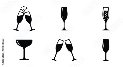 Champagne glass icons set, black sparkling wine flute silhouettes, 6 celebratory drink vector elements for wedding and party design