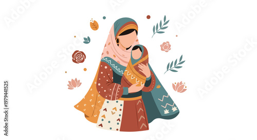 Lovely mother in hijab embracing her little daughter on international mothers day, surrounded by flowers and leaves