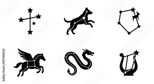 Celestial constellation icons set, black silhouette zodiac star maps, astronomical symbols of Pegasus dragon and lyre, 6 vector elements
