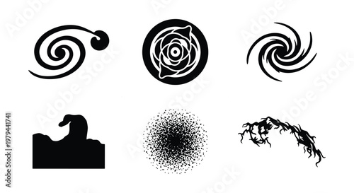 Abstract black cosmic symbols set, 6 vector galaxy and nebula icons, celestial spiral and stipple textures, mystical space elements for graphic design