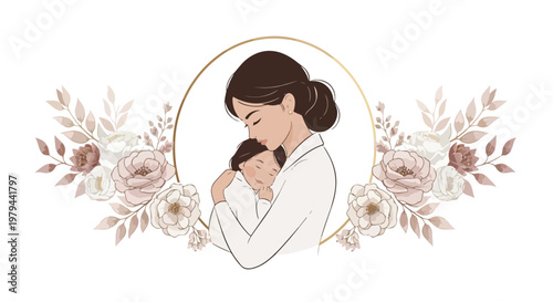 A mother tenderly holds her daughter in a warm floral illustration for International Mothers Day with a lovely family theme