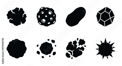 Asteroid and meteor silhouette icons, set of 8 space rock vector elements, celestial body symbols for astronomy and science education