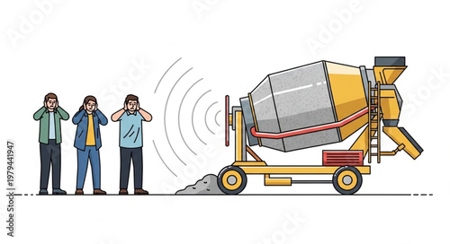 Construction workers covering ears from loud cement mixer noise.