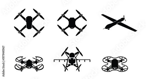 Drone silhouette icons set, 6 black vector quadcopter and UAV symbols, unmanned aerial vehicle illustrations for technology and surveillance