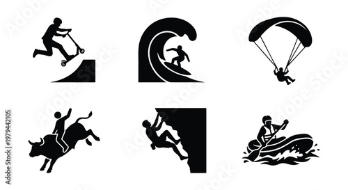 Extreme sports icons set with 6 black silhouettes, outdoor adventure activities including surfing and rock climbing, adrenaline hobby vector elements