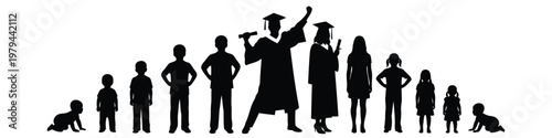 Silhouettes of diverse children growing through life stages to become successful university graduates in vector