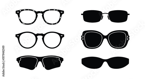 Modern eyewear collection with 6 vector icons, black silhouettes of stylish sunglasses and optical frames, minimalist fashion accessories set