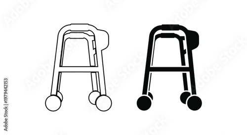 Medical walker vector graphic illustration showing outline and solid silhouette designs on a white background.