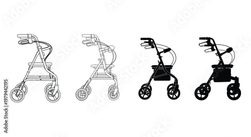 Four distinct medical walker vector designs shown in both outline and solid black silhouette styles