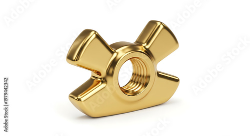 Golden brass wing nut fastener for industrial construction and mechanical hardware isolated on white background for repair maintenance and diy engineering component product photography