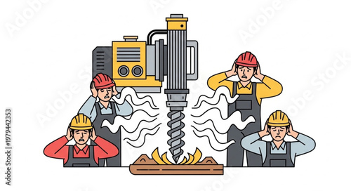Construction workers covering ears from loud jackhammer noise.