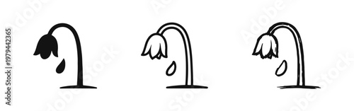 Drooping wilted flower icon set in solid, outline and hand drawn doodle styles for nature and sadness concepts