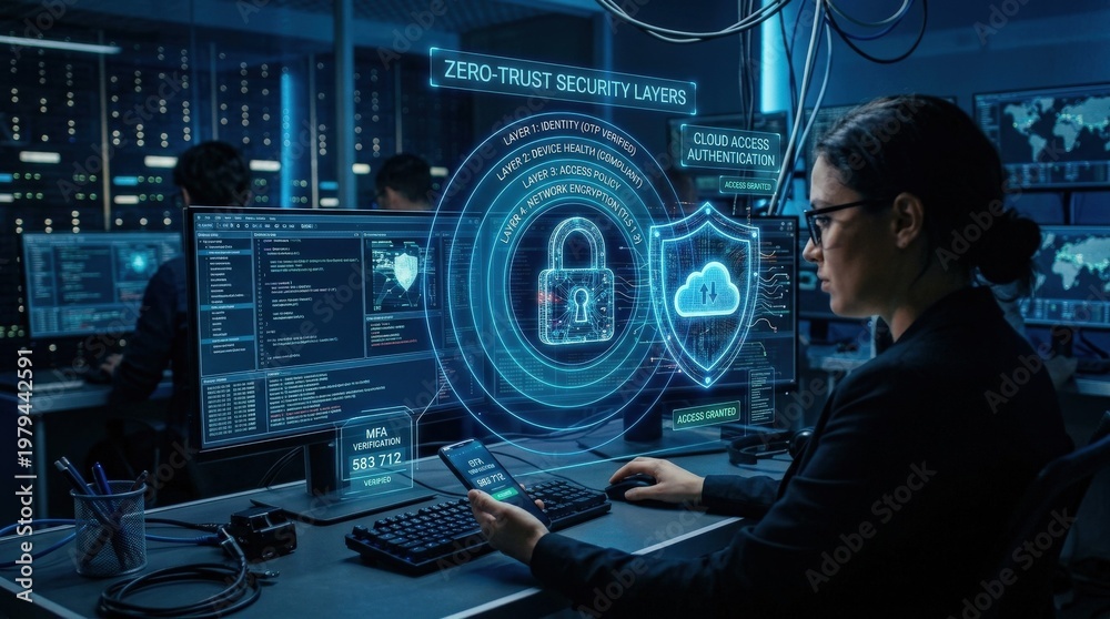 Naklejka premium A cybersecurity scene with digital lock, shield, OTP authentication and zero-trust security layers, deep blue tech lighting, secure cloud-access atmosphere, ultra-realistic, no logos.
