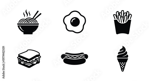 Minimalist fast food icon set, black solid vector food symbols, collection of 6 restaurant menu graphics including noodles and burger
