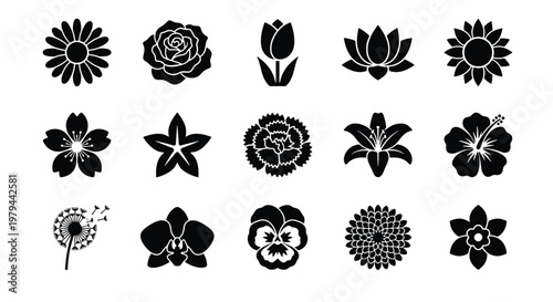 Minimalist flower icon set with 15 black floral symbols, botanical vector silhouettes of rose, tulip, and sunflower, flat nature elements for logo design