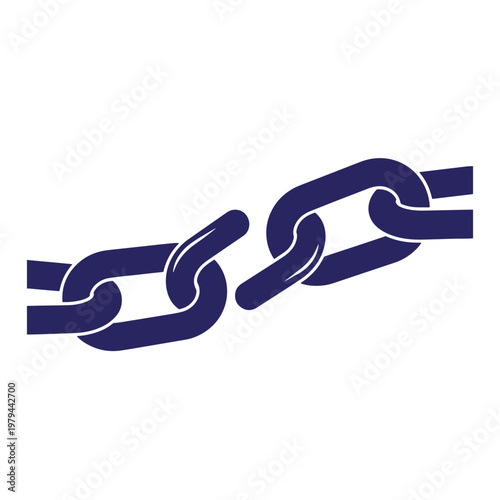 Dark blue of a broken metal chain, featuring separated links on a plain white background, symbolizing failure, freedom, or a severed connection