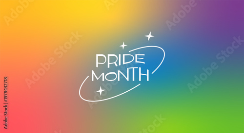 Pride Month banner with rainbow gradient background. Vibrant LGBTQ celebration header with retro typography, white stars, and orbit ring for social media cover or website background. Vector.
