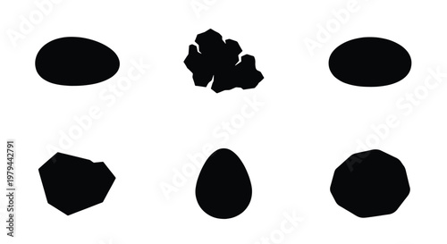 Black stone silhouettes set, collection of 6 organic rock shapes and pebble icons, minimalist mineral vector elements for nature design