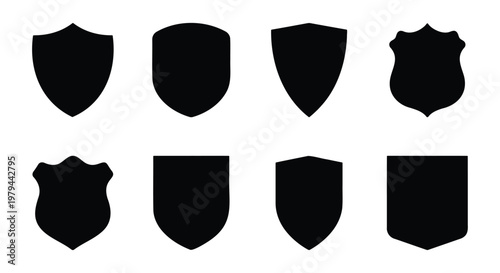 Shield silhouette icons set, black heraldic crest shapes for logo design, 8 vector security and protection symbols on white background