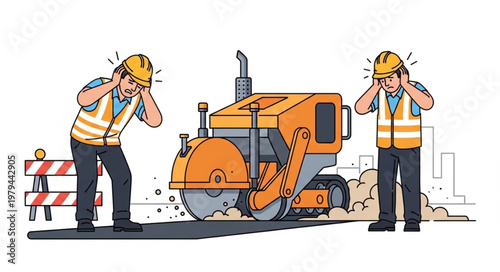 Construction workers covering ears from loud road roller noise.