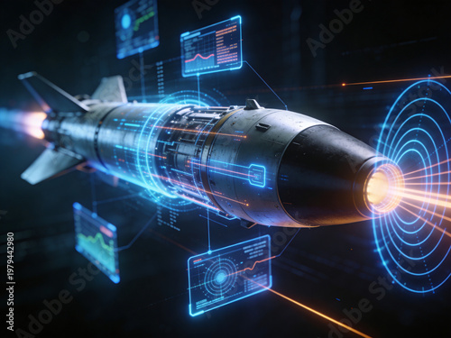 Futuristic missile with hologram interface and digital overlay