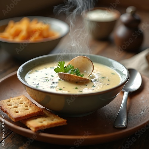 Steaming bowl of creamy seafood chowder soup with garnish and crackers. Hot bisque with oyster, clam, herb, and bread served on wooden table. Warm food dish.