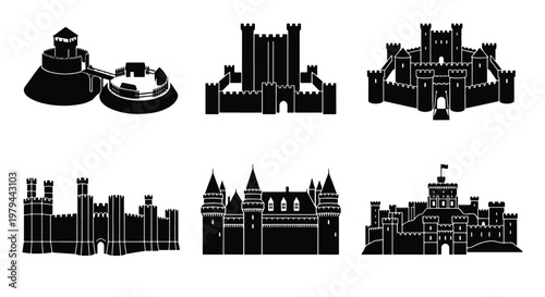 Medieval castle silhouette icons, set of 6 historical fortress vector illustrations, black stone palace and citadel symbols for map design