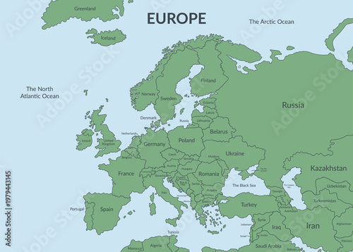Detailed political map of the European countries and nearby regions3. Vector flat background.