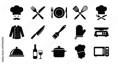 Restaurant kitchen icons set, black chef and cooking equipment silhouettes, 15 culinary vector elements for menu design and catering branding