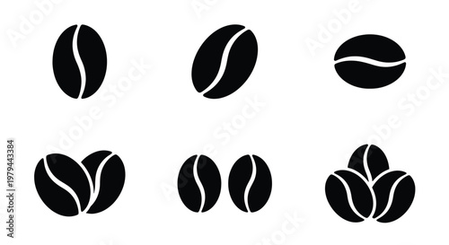 Minimalist coffee bean icons set, black roasted coffee seed vector illustrations, organic espresso bean silhouettes for cafe branding and menu design