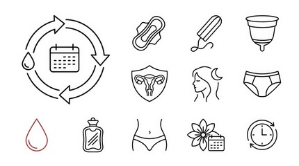 Menstruation and period icons with menses, cycle and feminine health symbols in a clean editable outline style on white, respectful and informative, ultra-realistic, no logos.