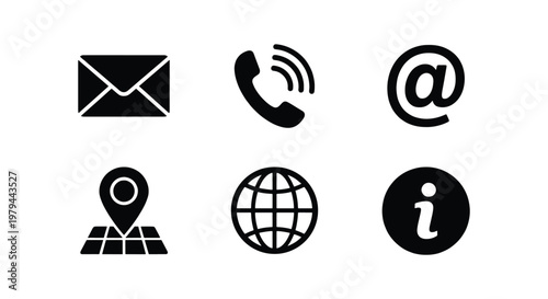 Minimalist contact icons set, black communication symbols for business cards, 6 vector elements for website support and customer service