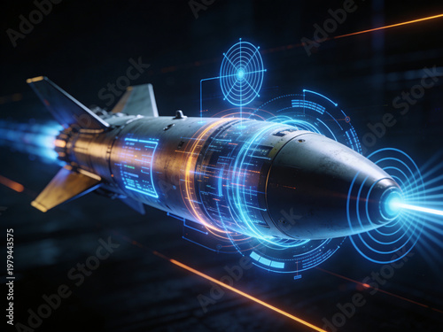Futuristic missile with hologram interface and digital overlay