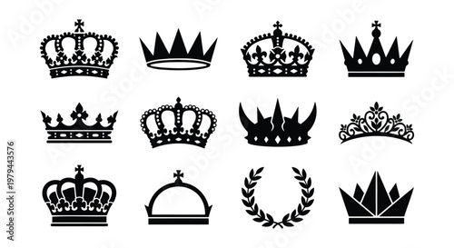 Vintage royal crown silhouettes, set of 12 heraldic king and queen crowns, black imperial tiara icons, luxury laurel wreath and coronet vector set