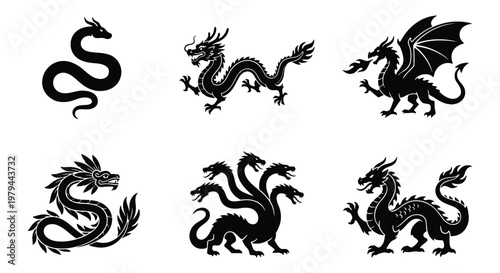 Mythical dragon silhouette collection, 6 black vector icons of legendary creatures, oriental and western dragon symbols for tattoo and logo design