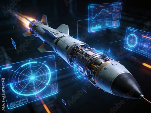 Futuristic missile with hologram interface and digital overlay