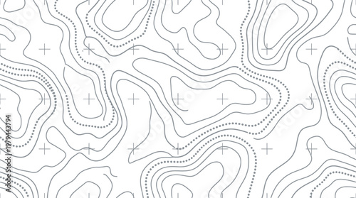 Topographic map lines create a complex abstract pattern of flowing grey contours against a stark white background.