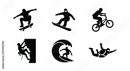 Extreme sports silhouette set of 6 vector icons, active lifestyle athletes collection, skateboarding snowboarding bmx surfing climbing and skydiving
