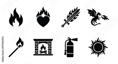 Black fire icons set, flaming heart and dragon vector elements, burning match and fireplace symbols, 8 flat fire safety and fantasy icons