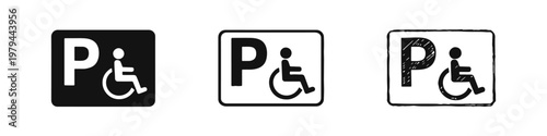 Disabled parking access sign icon set featuring solid, outline and hand drawn sketch styles